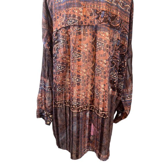 ZARA M Bohemian Brown Rust Blue Print Dolman Sleeve Button-Down Blouse - Picture 8 of 16